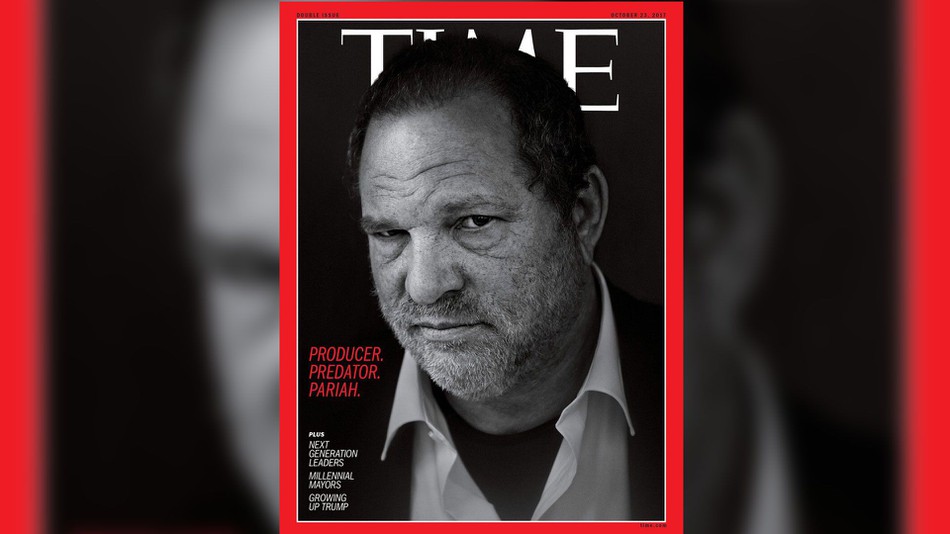 A time magazine cover with harvey weinstein on the front.